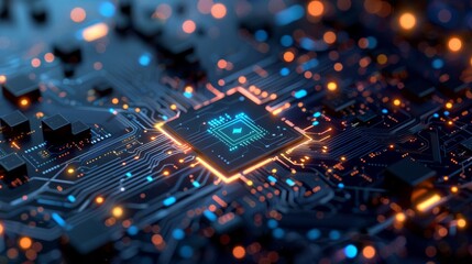 Poster - A detailed view of an illuminated circuit board showcasing a central microchip with glowing connections.