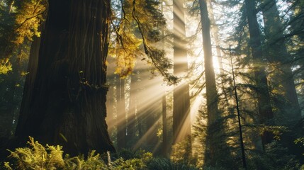 Sticker - Sunlight streaming through the ancient redwood forest