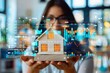 © Vera - Futuristic holographic screens display real-time housing market data around a beautiful person wearing eyeglasses holding a small house model