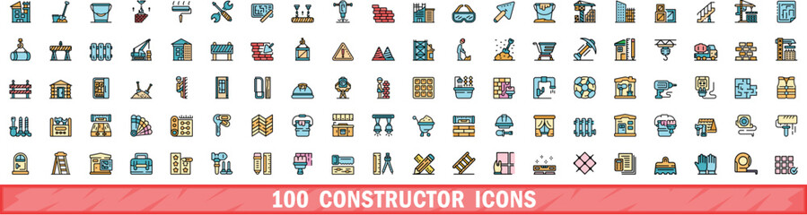 Poster - 100 constructor icons set. Color line set of constructor vector icons thin line color flat on white