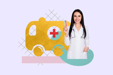 Wall Mural - Composite photo collage of happy girl doctor hold recipe drug covid pills treatment ambulance vehicle aid isolated on painted background