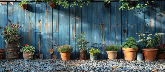 Poster - Planters Lined Up Against a Rustic Blue Wooden Fence