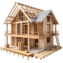 wooden house under construction, showcasing building process and development