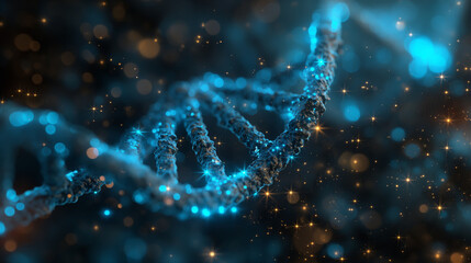 Poster - Futuristic science wallpaper with a blue backdrop, highlighting DNA and genetic molecules, biotechnology, and medical research in a digital and abstract format.