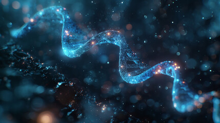Poster - Futuristic science wallpaper with a blue backdrop, highlighting DNA and genetic molecules, biotechnology, and medical research in a digital and abstract format.