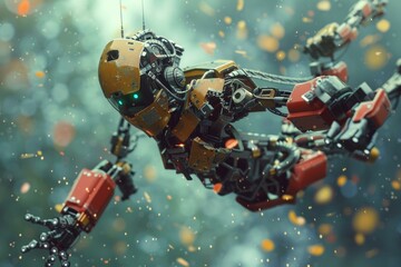 Poster - Advanced humanoid robot caught in midmotion with gleaming particles around, evoking hightech and ai concepts