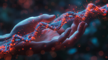 Human hands in a 3D low-poly style interacting with DNA and CRISPR, emphasizing cutting-edge biotechnology advancements.