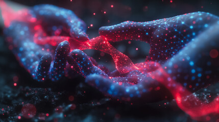 Poster - 3D low-poly illustration of human hands interacting with and controlling DNA, showcasing CRISPR technology and advancements in biotechnology.