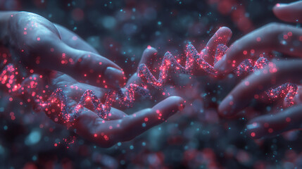 Canvas Print - 3D low-poly illustration of human hands interacting with and controlling DNA, showcasing CRISPR technology and advancements in biotechnology.