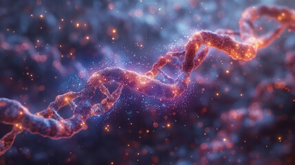Poster - Futuristic DNA structure concept with checkup and research on gene biotechnology, biology, and genetic cells, showcasing advanced chromosome molecules.