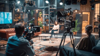 Poster - a film crew is setting up a professional interview in a studio. the cameraman is filming a woman sit