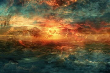 Wall Mural - Vibrant artwork of a sunset with fiery clouds reflecting over gentle sea waves