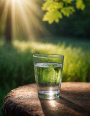 Wall Mural - a glass filled with clean drinking water against a beautiful landscape, nature with a forest