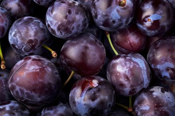 Fresh Plums with Droplets of Water and Leafs, Top-View Close-Up Background. Beautiful simple AI generated image in 4K, unique.