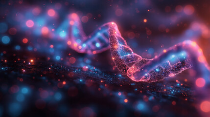 Poster - Neon light backdrop with blue and red hues, focusing on DNA technology, genome research, and genetic biotechnology, highlighting human DNA, genetics science, and molecular healthcare technology.