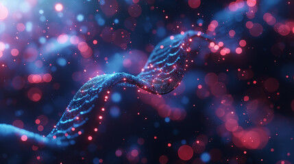 Poster - DNA technology, genome research, and genetic biotechnology highlighted against a blue and red neon light backdrop, showcasing human DNA genes, genetics science