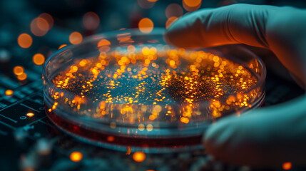 Poster - Scientist's hand in close-up, holding a petri dish with a luminous sample, illustrating biotechnology research and innovation.