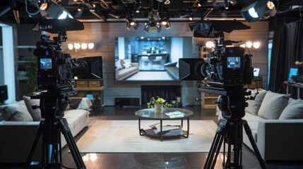 Aufkleber - two professional cameras on tripods are set up in a television studio, facing a set with a sofa, cof