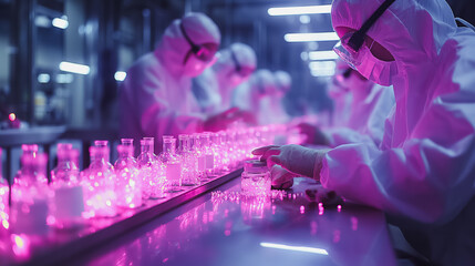 Poster - Production line in the pharmaceutical industry featuring drug and medication manufacturing, with technicians and scientists working in a scientific laboratory