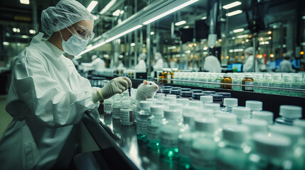 Poster - Production line in the pharmaceutical industry featuring drug and medication manufacturing, with technicians and scientists working in a scientific laboratory