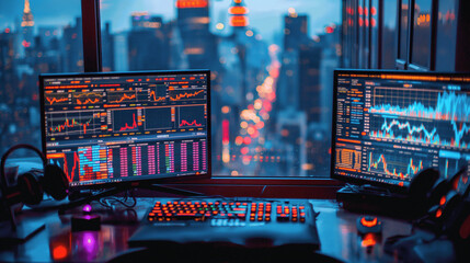 Poster - Advanced trading floor setup with numerous screens presenting live financial market data, emphasizing real-time trading and financial insights.