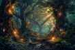 © anatolir - Mystical forest illuminated by lanterns and fairy lights, creating a magical ambiance