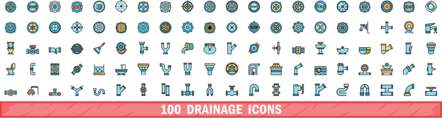 Poster - 100 drainage icons set. Color line set of drainage vector icons thin line color flat on white