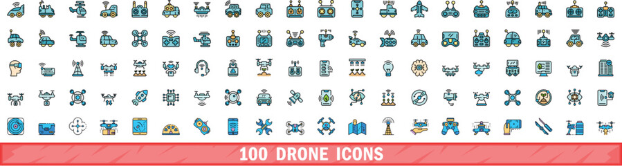 Poster - 100 drone icons set. color line set of drone vector icons thin line color flat on white
