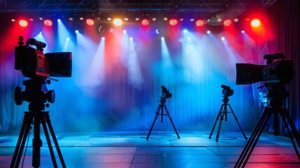 Poster - Three cameras on tripods are set up on a stage, with colorful spotlights illuminating the scene.