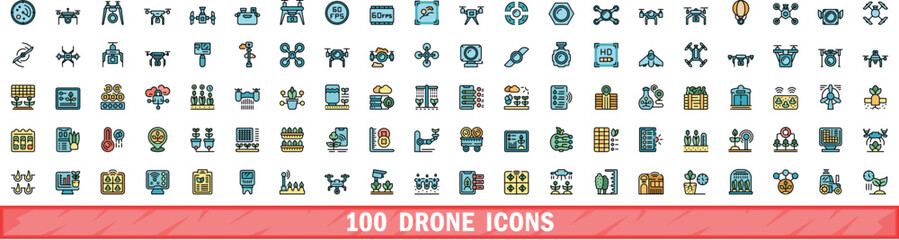 Poster - 100 drone icons set. color line set of drone vector icons thin line color flat on white