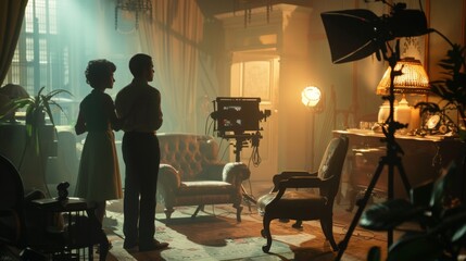 A film set interior with two actors, a man and a woman, in silhouette standing next to a vintage armchair in the foreground.