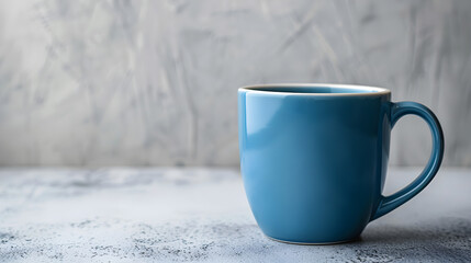 Blue coffee mug with white handle on light gray background, minimalist style, version 6, image 00245.