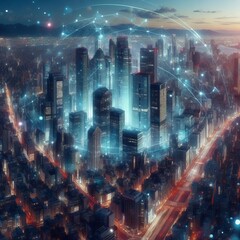 Poster - 231 64. A holographic illustration of a bustling city skyline, w