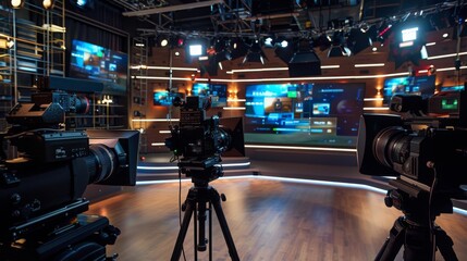 Two professional cameras on tripods are positioned in a television studio, ready to film a broadcast. Multiple screens display graphics and footage.