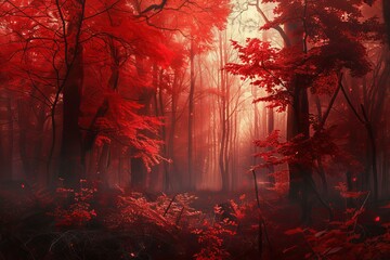 Sticker - Captivating scene of a forest with red foliage and a mystical atmosphere created by the diffused light