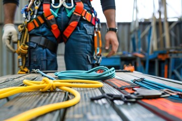 Safety harness and equipment laid out on a table with a worker preparing to put them on