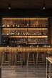 © Asier - Interior of modern pub with dark wooden walls, wooden floor, bar counter with stools and bottles of whiskey.
