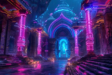 Poster - Vibrant digital artwork of a neonlit, ancient temple with futuristic elements in a nocturnal setting