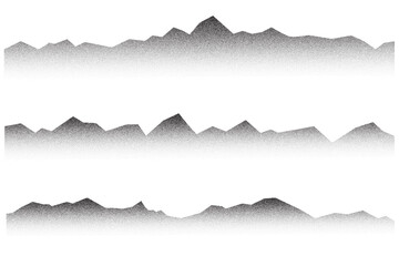 Poster - Grainy mountains with stipple effect on white background. Sandy noise black gradient texture. Halftone dotted abstract landscape. Spray gradation fade rocky hills. Vector monochrome illustration.