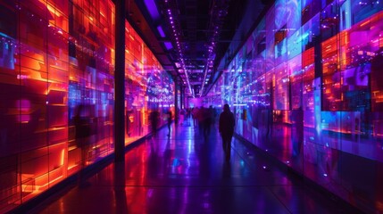 Poster - People walk through a dimly lit corridor with bright neon lights illuminating the walls.
