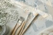 © Asier - Paint brushes and white gypsophila flowers on grey background