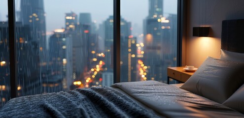 Canvas Print - Rainy Evening City View From Bed