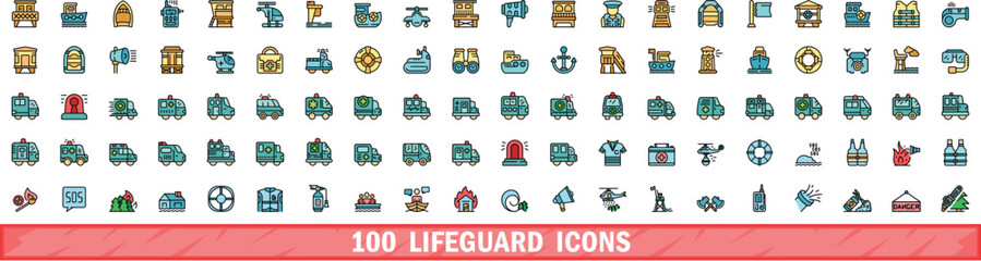 Poster - 100 lifeguard icons set. Color line set of lifeguard vector icons thin line color flat on white
