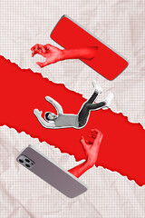 Poster - Vertical collage young man falling down smartphone virtual social media addiction hands body fragment take catch checkered background
