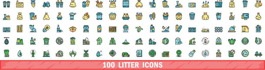 Sticker - 100 litter icons set. Color line set of litter vector icons thin line color flat on white