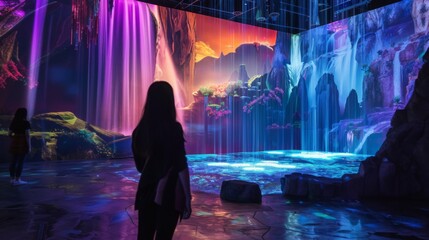 Poster - A woman stands in front of a large projection displaying a colorful waterfall scene. The lights cast an ethereal glow on the woman and the surrounding space.