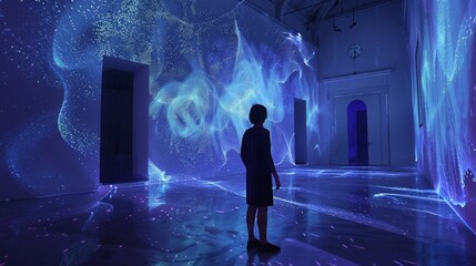 Fototapete - A person stands in a room with blue lights projected onto the walls and floor. The light creates a dynamic and abstract pattern.