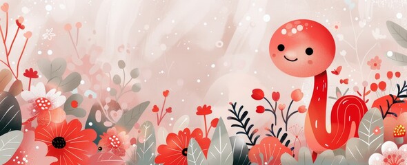 Wall Mural - Red Worm in a Floral Garden