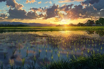 Wall Mural - Majestic sunset with golden hues reflecting on serene water in rural rice fields