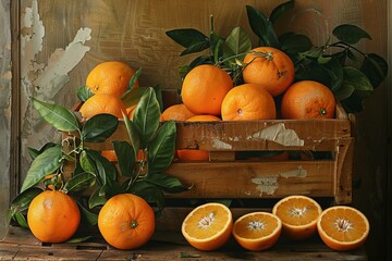 Poster - Fresh oranges with leaves in a vintage wooden crate, with a rustic backdrop